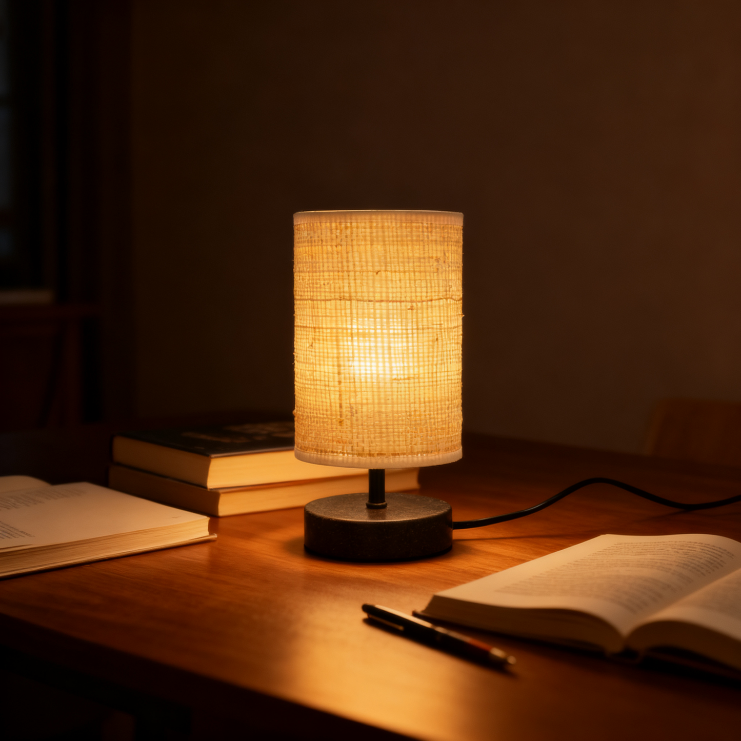 LA25121-Small table Lamp for Bedroom, nature material weaving Lampshade,Bio-waste material Base