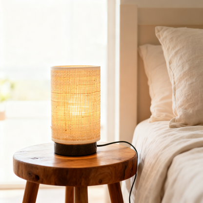 LA25124-Small table Lamp for Bedroom, nature material weaving Lampshade,Bio-waste material Base