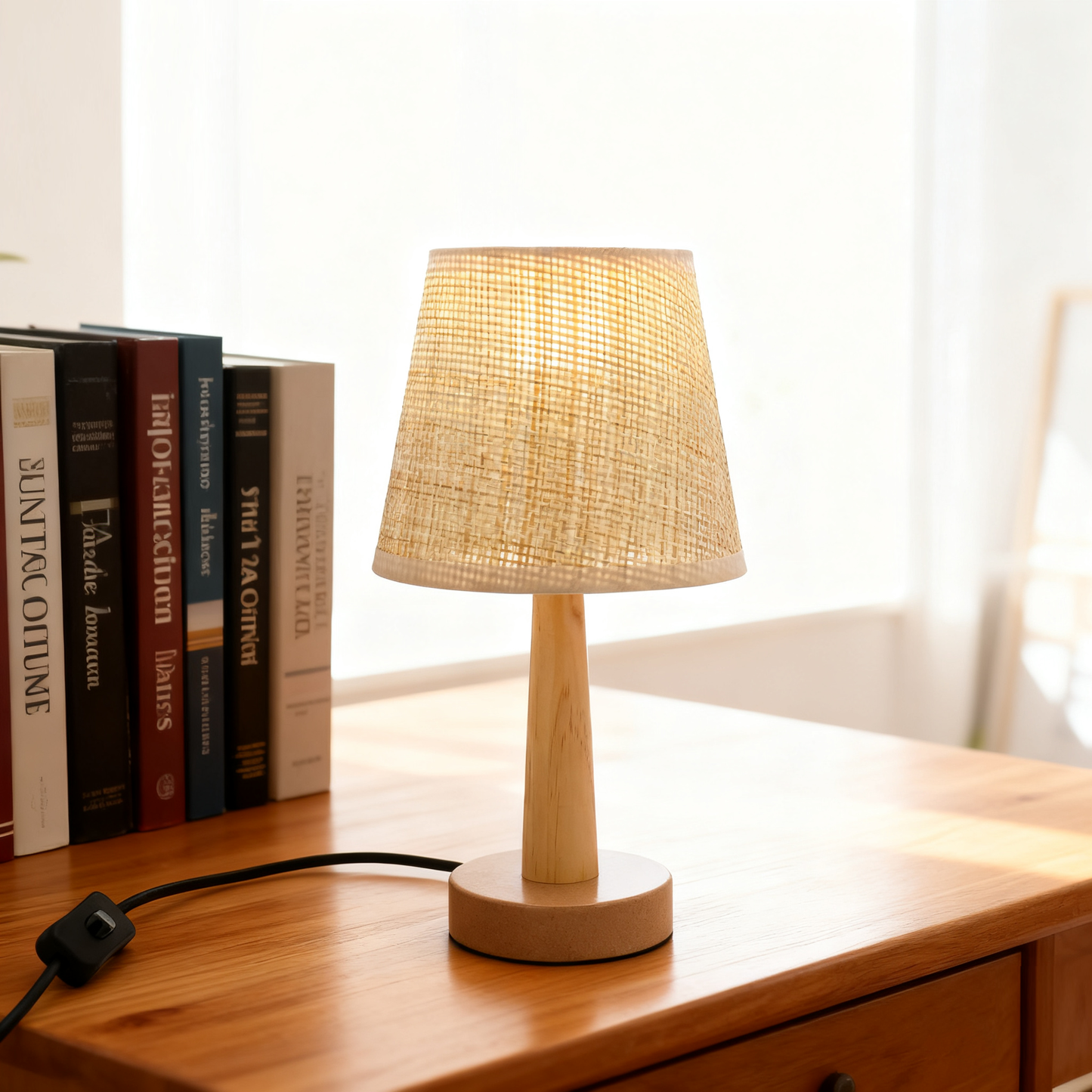 LA25127-Small Table Lamp for Bedroom with nature material shade and base.