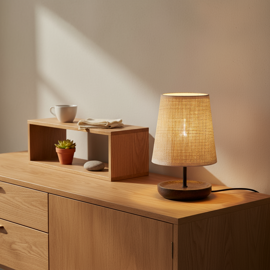 LA25128-Small Table Lamp for Bedroom with nature material shade and base.