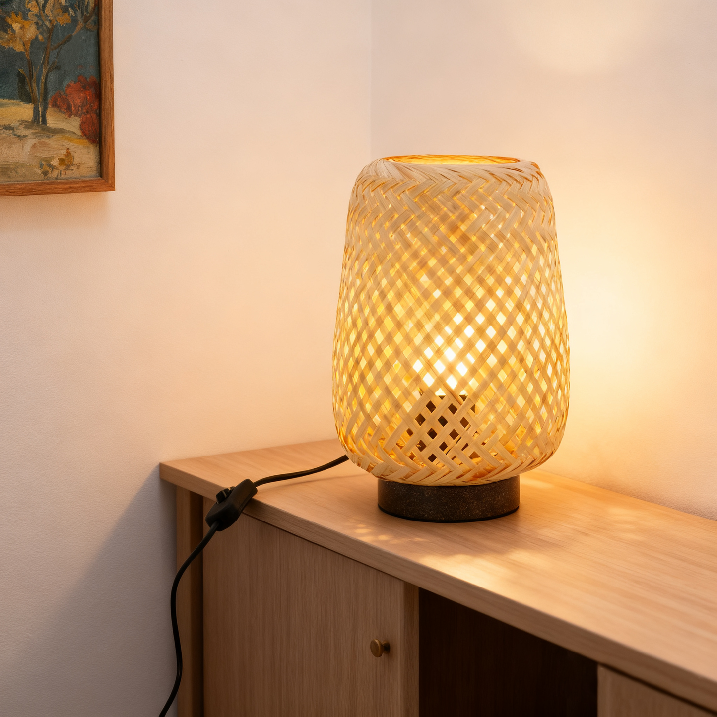 LA25129-Bamboo Weaving Table Lamp with Bio-waste material Base, Eye-Caring Bedroom Bedside Night Light