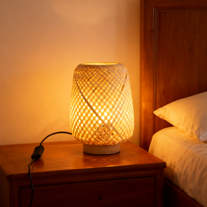 LA25129-Bamboo Weaving Table Lamp with Bio-waste material Base, Eye-Caring Bedroom Bedside Night Light