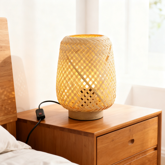 LA25129-Bamboo Weaving Table Lamp with Bio-waste material Base, Eye-Caring Bedroom Bedside Night Light