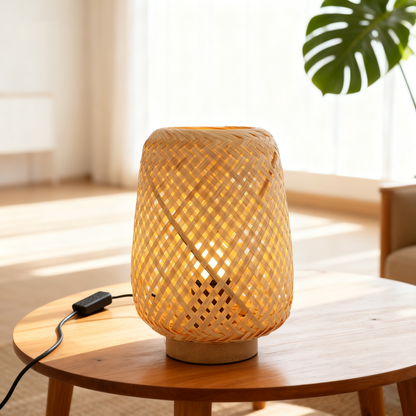LA25129-Bamboo Weaving Table Lamp with Bio-waste material Base, Eye-Caring Bedroom Bedside Night Light